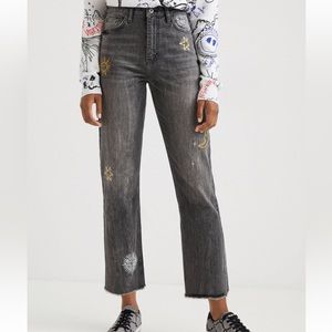 DESIGUAL womens size 10 cropped Cosmic embroidered Jeans Straight Leg High rise